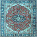 Square Machine Washable Medallion Light Blue Traditional Rug, wshtr4366lblu