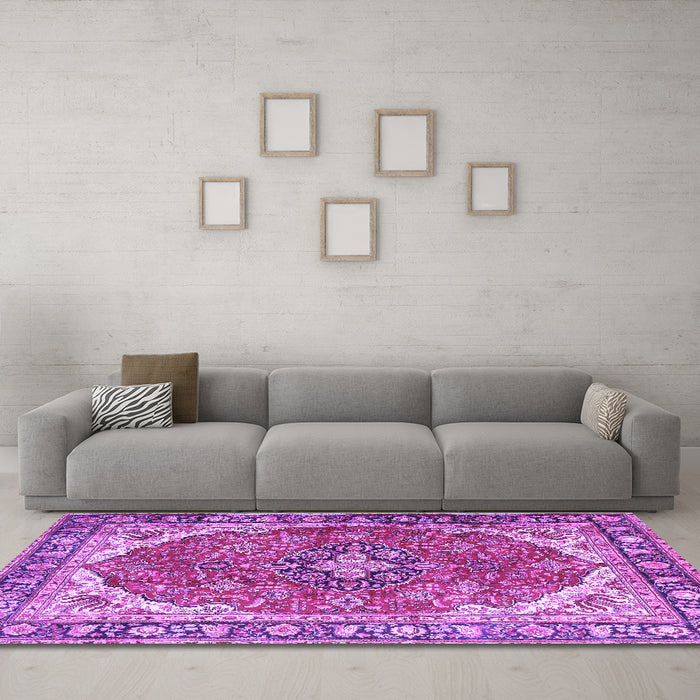Machine Washable Medallion Purple Traditional Area Rugs in a Living Room, wshtr4366pur
