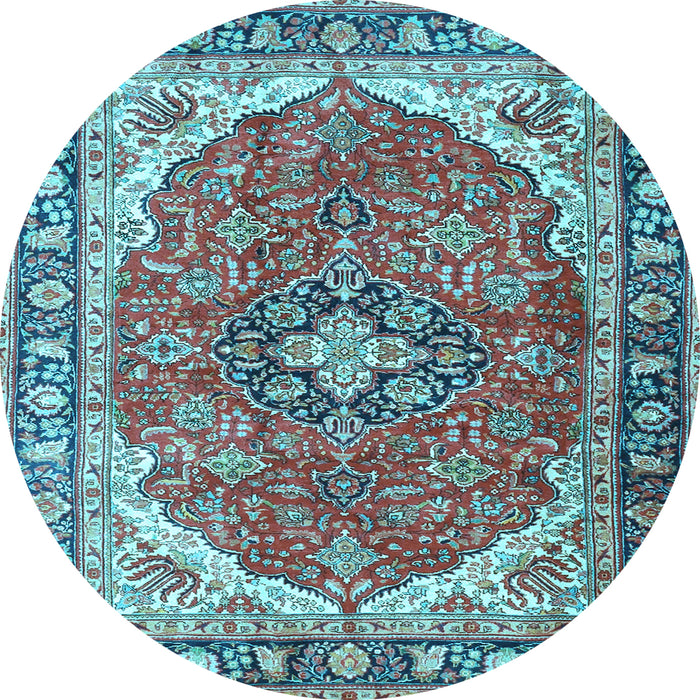Round Machine Washable Medallion Light Blue Traditional Rug, wshtr4366lblu