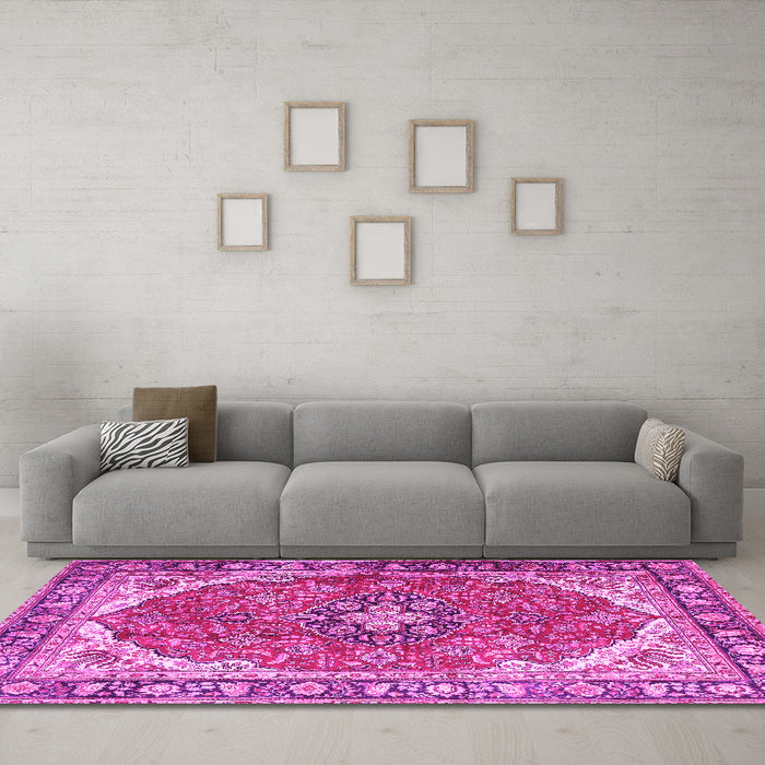 Machine Washable Medallion Pink Traditional Rug in a Living Room, wshtr4366pnk