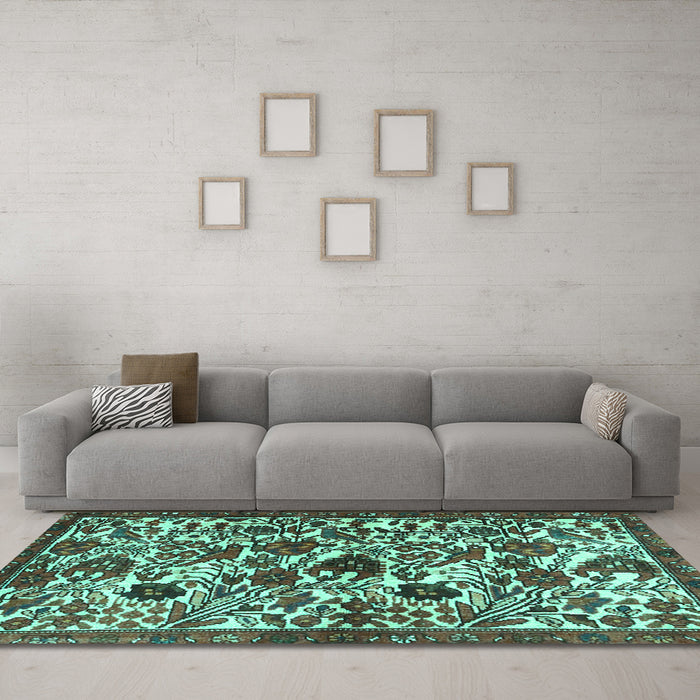 Machine Washable Persian Turquoise Traditional Area Rugs in a Living Room,, wshtr4367turq