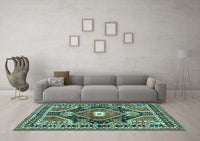 Machine Washable Medallion Turquoise Traditional Rug, wshtr4368turq