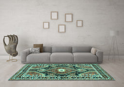 Machine Washable Medallion Turquoise Traditional Area Rugs in a Living Room,, wshtr4368turq