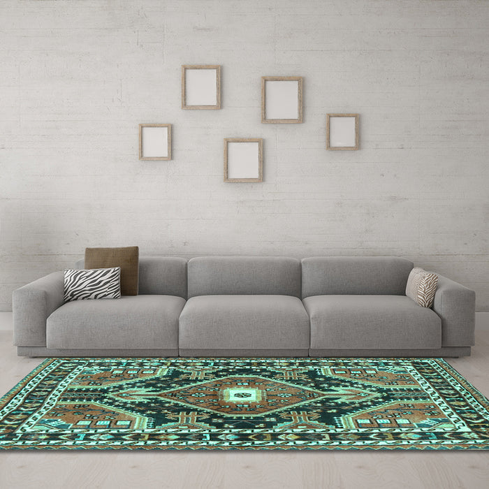 Machine Washable Medallion Turquoise Traditional Area Rugs in a Living Room,, wshtr4368turq