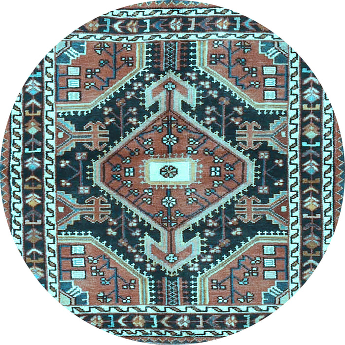 Round Machine Washable Medallion Light Blue Traditional Rug, wshtr4368lblu