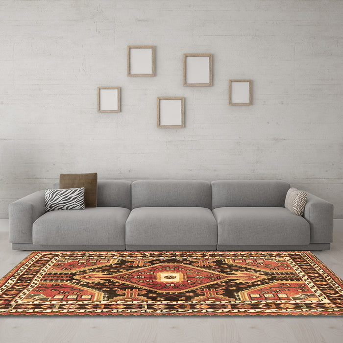 Machine Washable Medallion Brown Traditional Rug in a Living Room,, wshtr4368brn