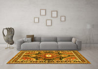 Machine Washable Medallion Yellow Traditional Rug, wshtr4368yw