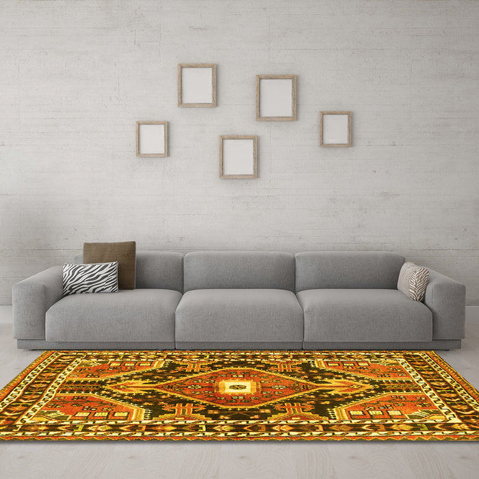 Machine Washable Medallion Yellow Traditional Rug in a Living Room, wshtr4368yw