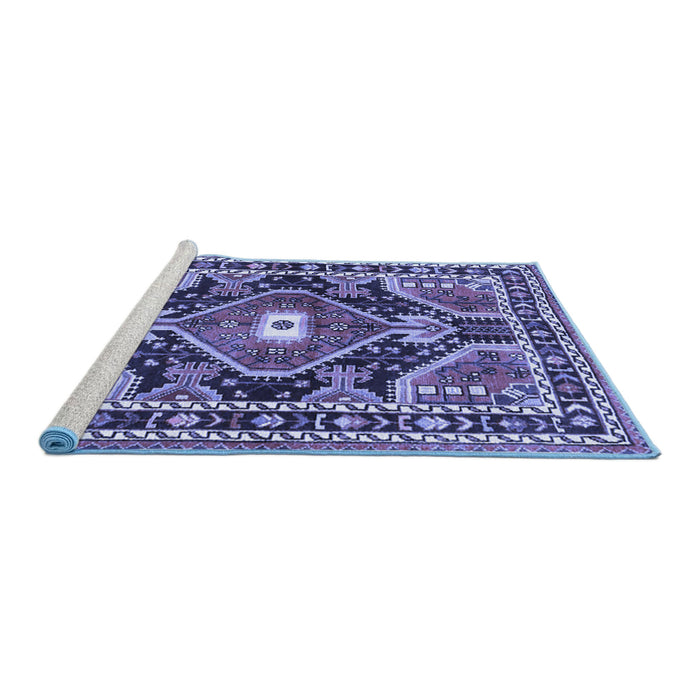 Sideview of Machine Washable Medallion Blue Traditional Rug, wshtr4368blu