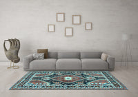 Machine Washable Medallion Light Blue Traditional Rug, wshtr4368lblu