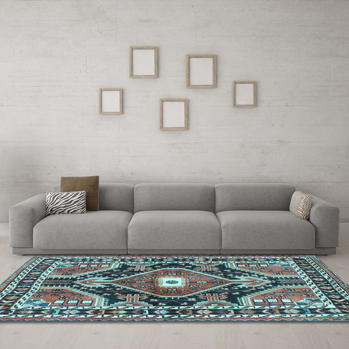 Machine Washable Medallion Light Blue Traditional Rug in a Living Room, wshtr4368lblu