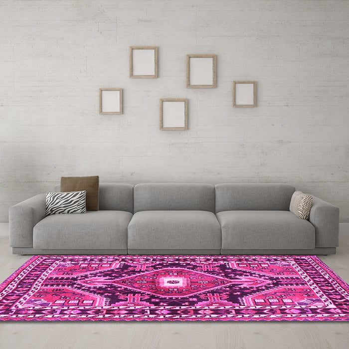 Machine Washable Medallion Pink Traditional Rug in a Living Room, wshtr4368pnk