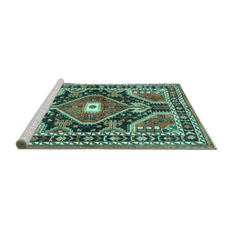 Sideview of Machine Washable Medallion Turquoise Traditional Area Rugs, wshtr4368turq