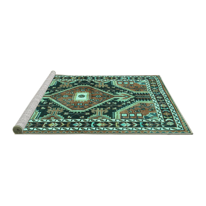 Sideview of Machine Washable Medallion Turquoise Traditional Area Rugs, wshtr4368turq
