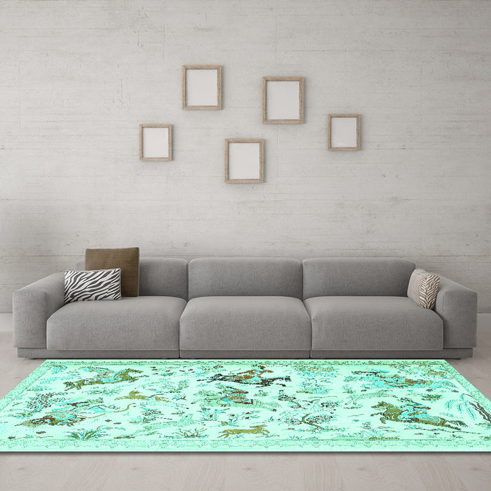 Machine Washable Animal Turquoise Traditional Area Rugs in a Living Room,, wshtr436turq