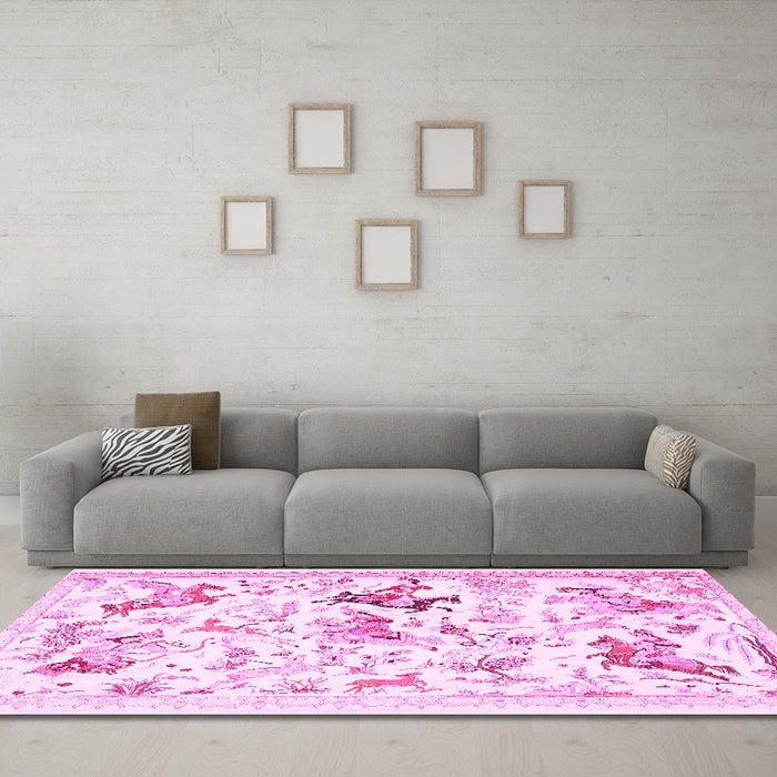 Machine Washable Animal Pink Traditional Rug in a Living Room, wshtr436pnk