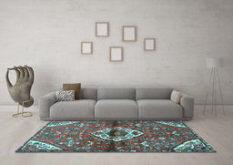 Machine Washable Medallion Light Blue Traditional Rug in a Living Room, wshtr4370lblu