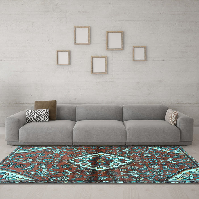 Machine Washable Medallion Light Blue Traditional Rug in a Living Room, wshtr4370lblu