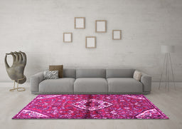 Machine Washable Medallion Pink Traditional Rug in a Living Room, wshtr4370pnk