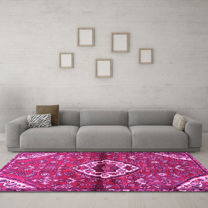 Machine Washable Medallion Pink Traditional Rug in a Living Room, wshtr4370pnk