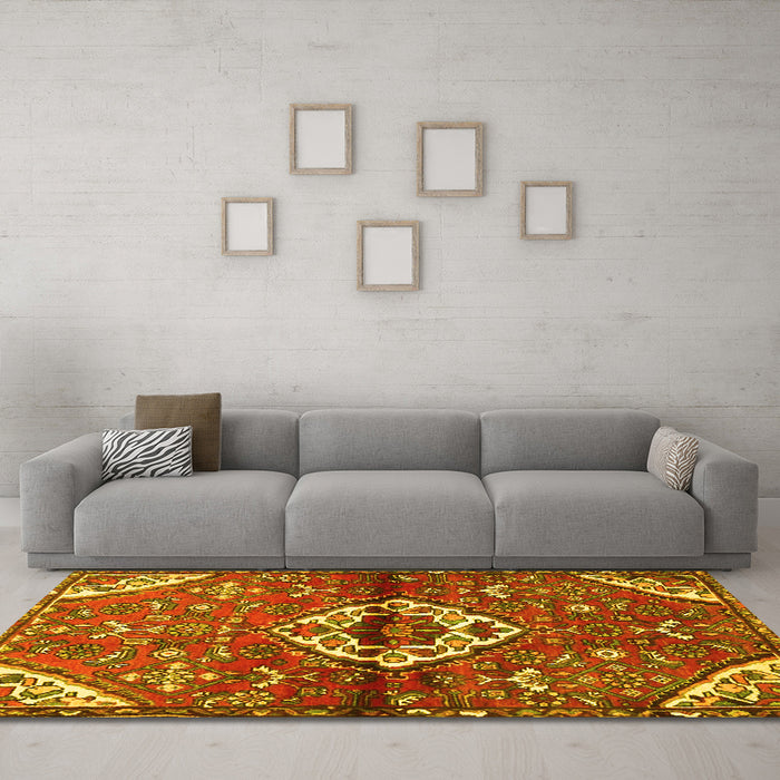 Machine Washable Medallion Yellow Traditional Rug in a Living Room, wshtr4370yw