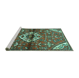 Sideview of Machine Washable Medallion Turquoise Traditional Area Rugs, wshtr4370turq