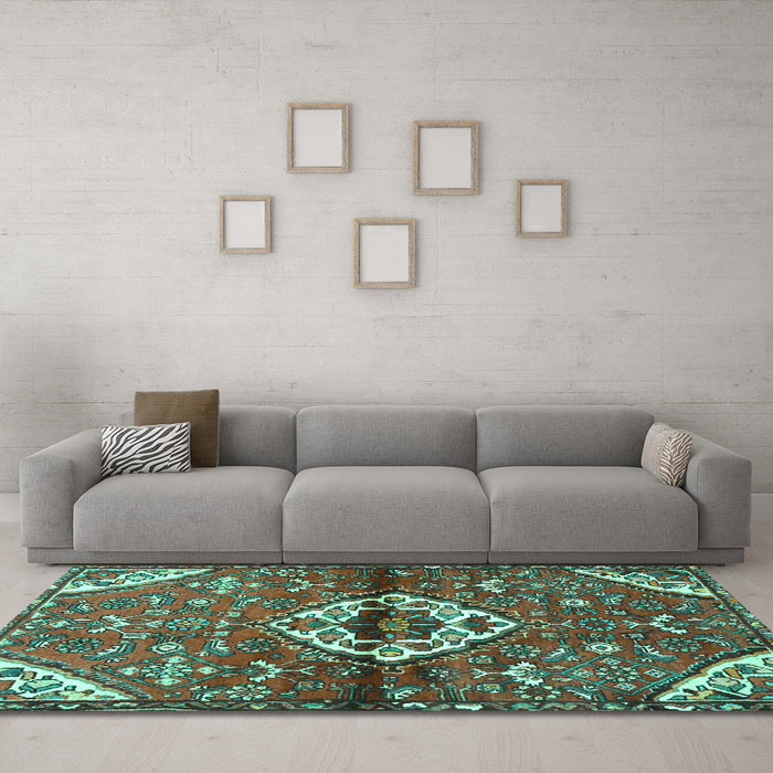 Machine Washable Medallion Turquoise Traditional Area Rugs in a Living Room,, wshtr4370turq