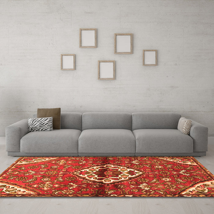 Machine Washable Medallion Orange Traditional Area Rugs in a Living Room, wshtr4370org