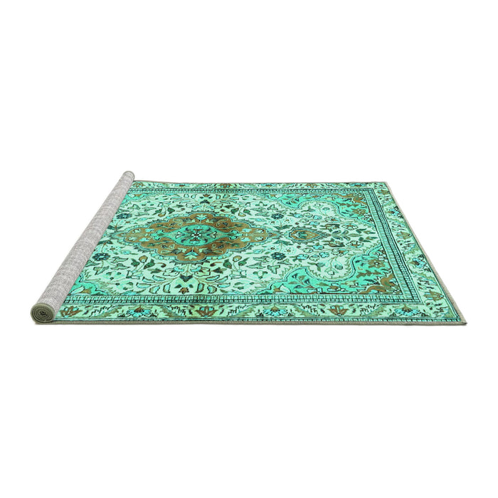 Sideview of Machine Washable Persian Turquoise Traditional Area Rugs, wshtr4371turq