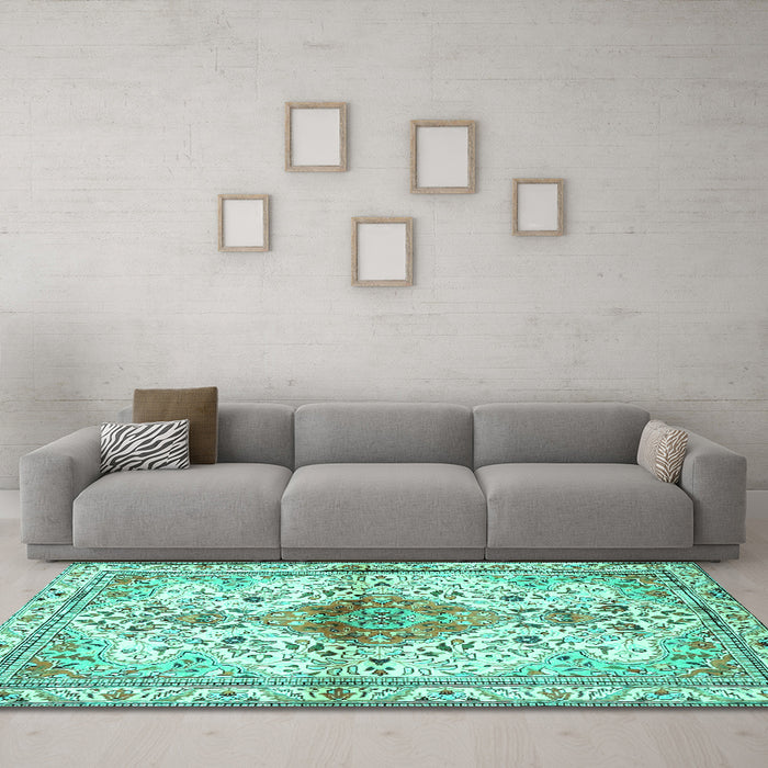 Machine Washable Persian Turquoise Traditional Area Rugs in a Living Room,, wshtr4371turq