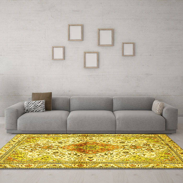 Machine Washable Persian Yellow Traditional Rug in a Living Room, wshtr4371yw