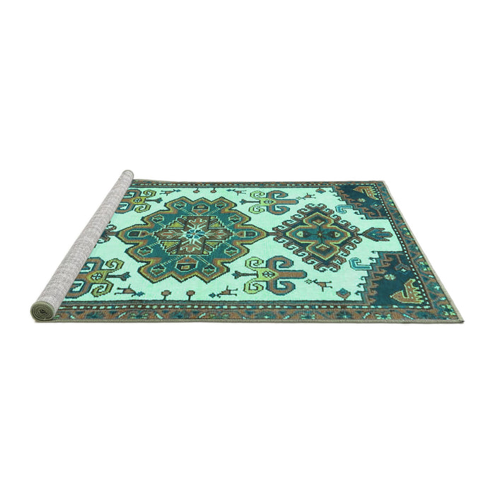 Sideview of Machine Washable Persian Turquoise Traditional Area Rugs, wshtr4372turq