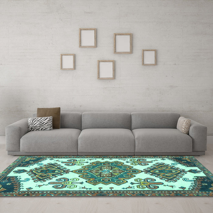 Machine Washable Persian Turquoise Traditional Area Rugs in a Living Room,, wshtr4372turq