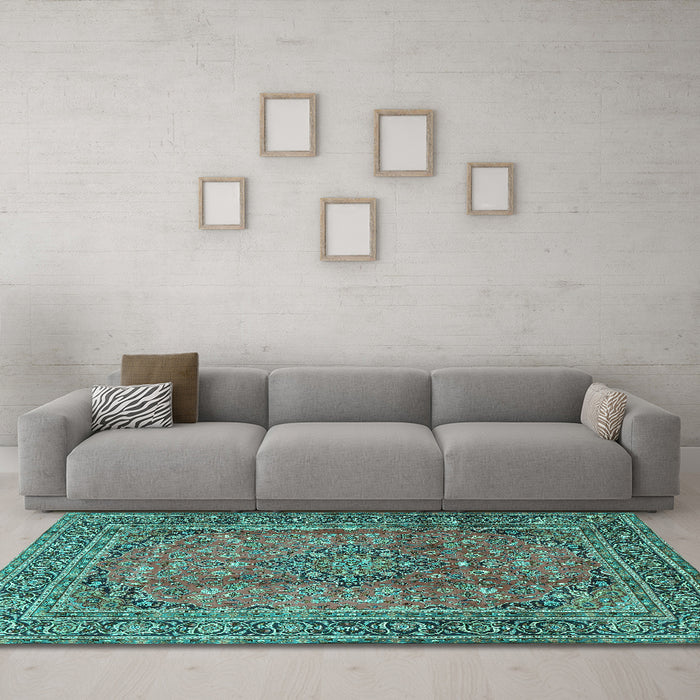 Machine Washable Persian Turquoise Traditional Area Rugs in a Living Room,, wshtr4374turq