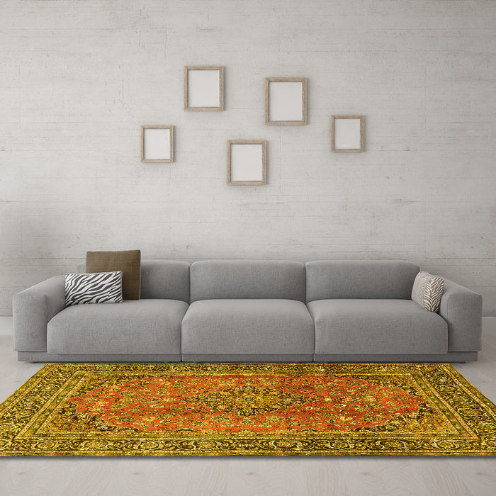 Machine Washable Persian Yellow Traditional Rug in a Living Room, wshtr4374yw