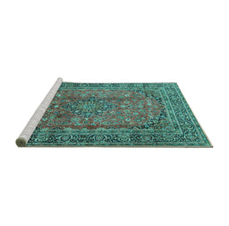Sideview of Machine Washable Persian Turquoise Traditional Area Rugs, wshtr4374turq