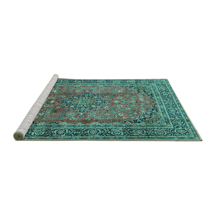 Sideview of Machine Washable Persian Turquoise Traditional Area Rugs, wshtr4374turq
