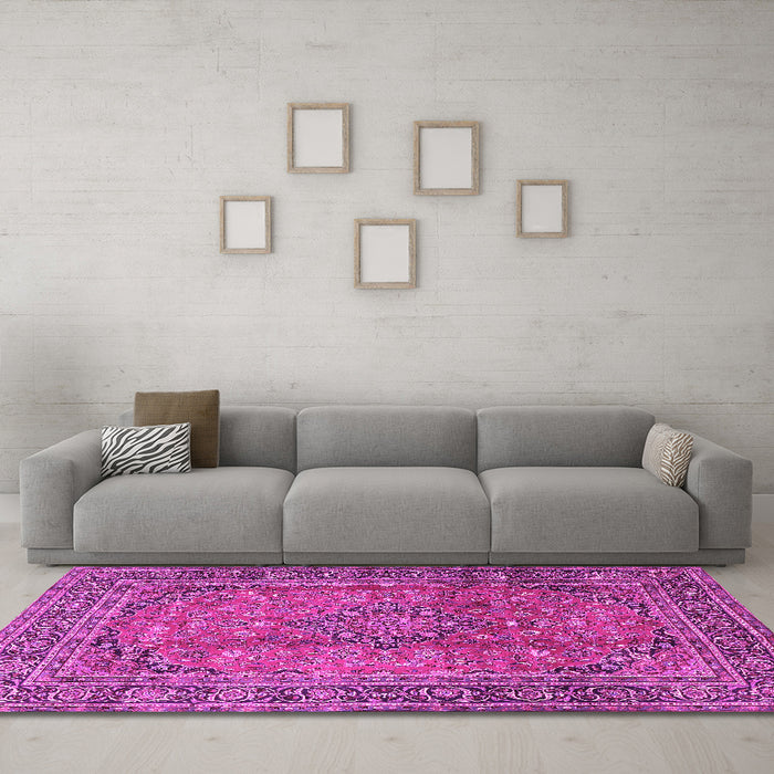Machine Washable Persian Pink Traditional Rug in a Living Room, wshtr4374pnk