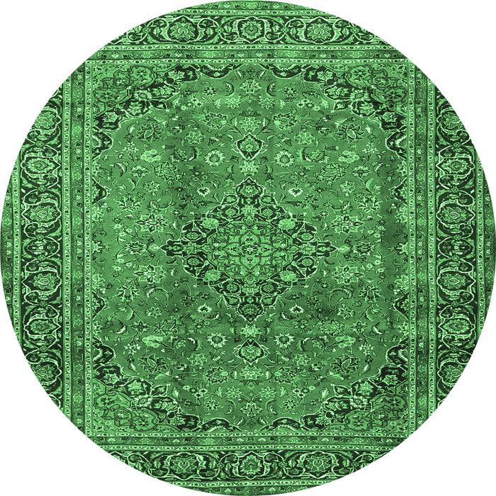 Round Machine Washable Persian Emerald Green Traditional Area Rugs, wshtr4374emgrn