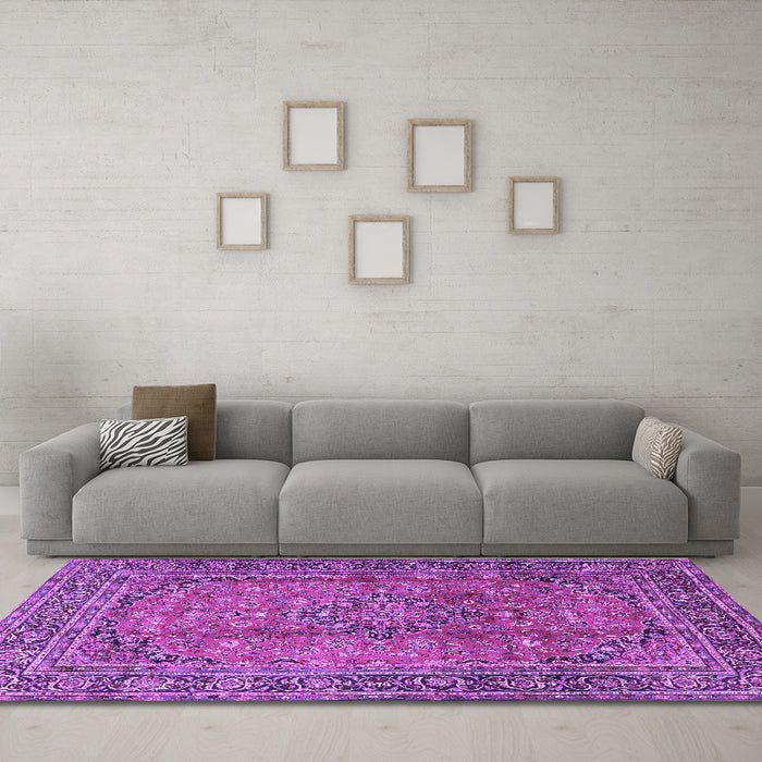 Machine Washable Persian Purple Traditional Area Rugs in a Living Room, wshtr4374pur