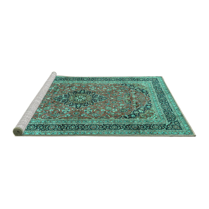 Sideview of Machine Washable Persian Turquoise Traditional Area Rugs, wshtr4375turq