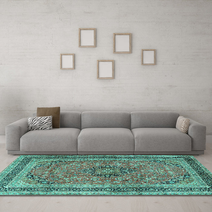 Machine Washable Persian Turquoise Traditional Area Rugs in a Living Room,, wshtr4375turq