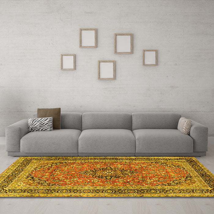 Machine Washable Persian Yellow Traditional Rug in a Living Room, wshtr4375yw