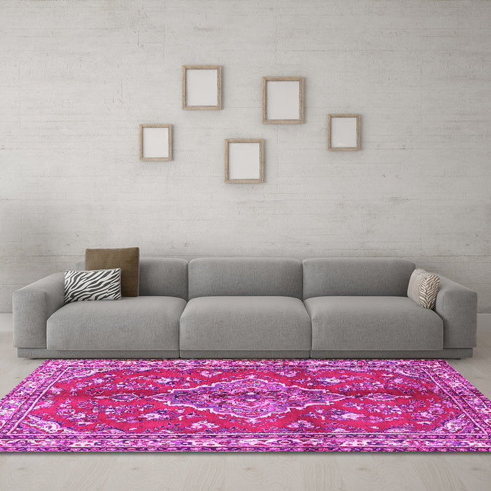 Machine Washable Persian Pink Traditional Rug in a Living Room, wshtr4376pnk