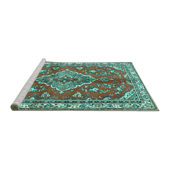 Sideview of Machine Washable Persian Turquoise Traditional Area Rugs, wshtr4376turq