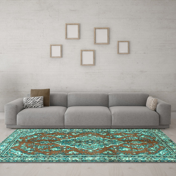 Machine Washable Persian Turquoise Traditional Area Rugs in a Living Room,, wshtr4376turq