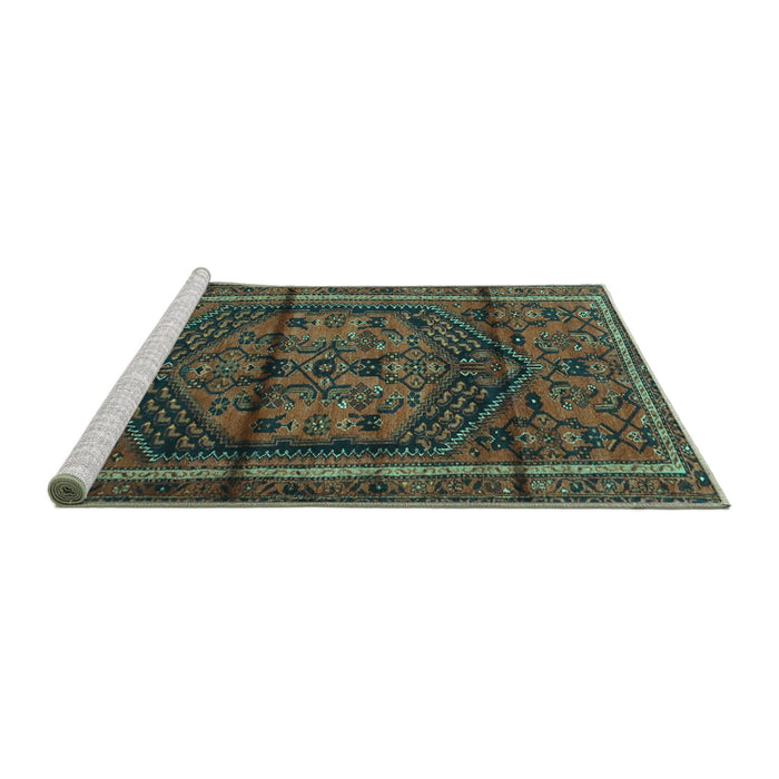 Sideview of Machine Washable Persian Turquoise Traditional Area Rugs, wshtr4377turq