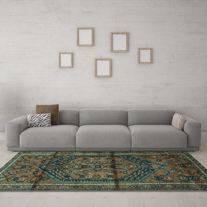 Machine Washable Persian Turquoise Traditional Area Rugs in a Living Room,, wshtr4377turq
