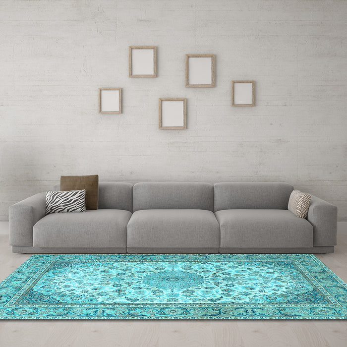 Machine Washable Medallion Light Blue Traditional Rug in a Living Room, wshtr4378lblu