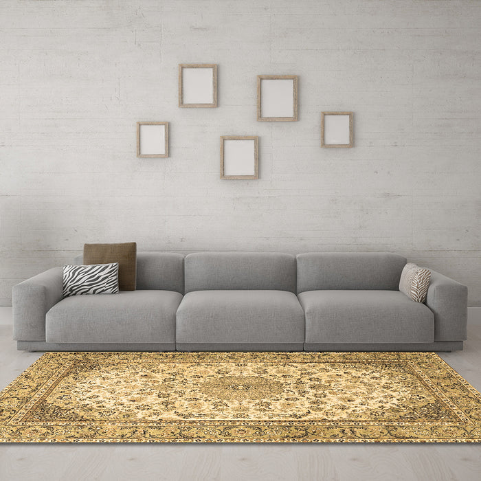 Machine Washable Medallion Brown Traditional Rug in a Living Room,, wshtr4378brn